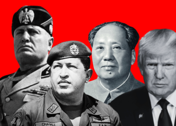 Montage of charismatic political leaders such as Benito Mussolini, Hugo Chavez, Chairman Mao, and Donald Trump.