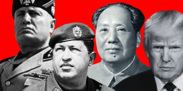 Montage of charismatic political leaders such as Benito Mussolini, Hugo Chavez, Chairman Mao, and Donald Trump.