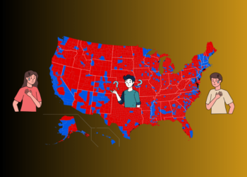 Map of the United States with two parents and a child wondering what to do.