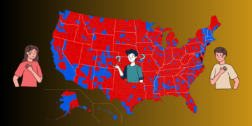 Map of the United States with two parents and a child wondering what to do.