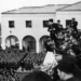Picture of Mussolini addressing a large crowd of followers.