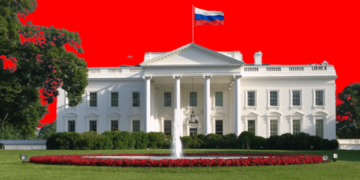 White House with a Russian flag flying over it.