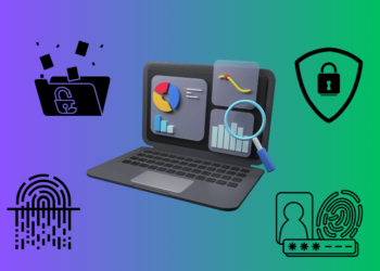Collage of a laptop with security feature icons.