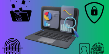 Collage of a laptop with security feature icons.