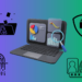 Collage of a laptop with security feature icons.