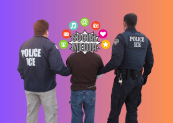 Photo of two ICE agents walking someone in handcuffs that has social media icons swirling their head.