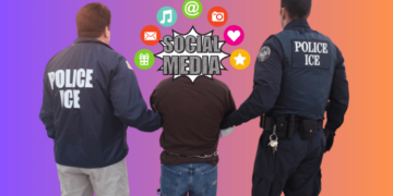 Photo of two ICE agents walking someone in handcuffs that has social media icons swirling their head.