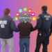 Photo of two ICE agents walking someone in handcuffs that has social media icons swirling their head.