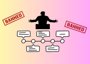 Graphic of timeline with silhouette of Trump and the stamped words "Banned!"