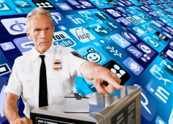 Customs Border Agent demanding something in front of a backdrop of various phone app icons.