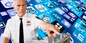 Customs Border Agent demanding something in front of a backdrop of various phone app icons.