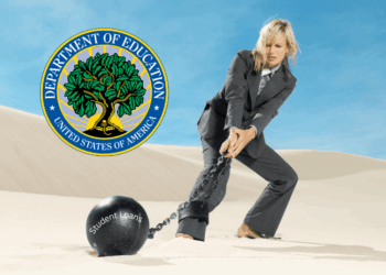 Professional dragging a ball and chain across the desert with a logo of the Department of Education in the background symbolizing student debt.