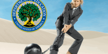 Professional dragging a ball and chain across the desert with a logo of the Department of Education in the background symbolizing student debt.